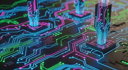 Illuminated circuit board with glowing pathways and central processing units in vibrant colors
