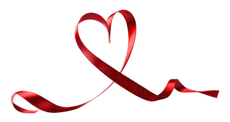 Red satin ribbon forming a heart shape, isolated on transparent cutout background