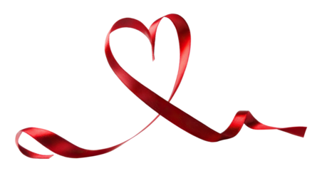 Red satin ribbon forming a heart shape, isolated on transparent cutout background
