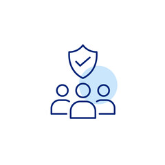 Group of users, shield and checkmark. Verified community, trusted group, secure network, approved membership. Pixel perfect, editable stroke vector icon