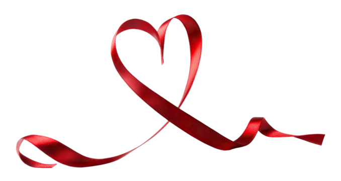 Red satin ribbon forming a heart shape, isolated on transparent cutout background