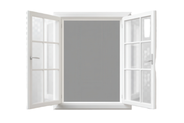 Bright white open window showcasing transparency with a clear view on a gray background illuminating indoor space