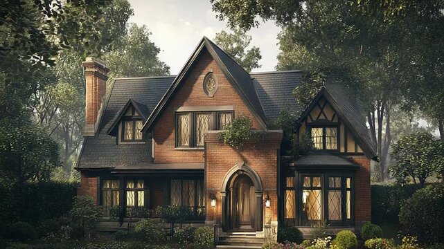 Charming tudor revival house nestled in lush greenery during sunset