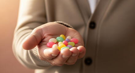 Warmly dressed person offering colorful assorted jelly beans in open palm, sharing sweet treats in a gentle gesture of kindness with soft natural lighting