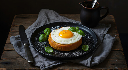 Delicious Fried Egg and Toast Garnished with Basil on a Black Plate