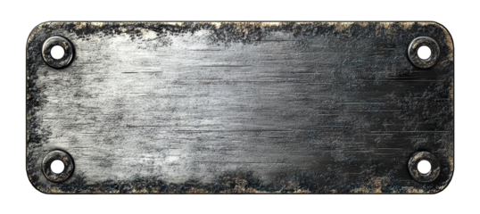 Old scratched metal plate with four screw holes, isolated on transparent cutout background