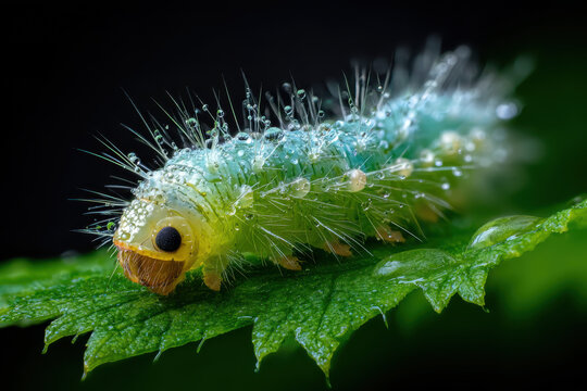 Tiny hairy caterpillar covered in dew drops on a green leaf