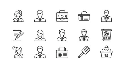 Vector illustration of collection of business people and office icons isolated on white background