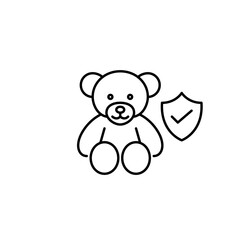 Verified child safety, trusted toy protection, secure playtime, approved children product. Toy bear, shield and checkmark. Pixel perfect, editable stroke vector icon
