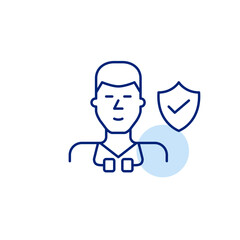 Doctor with stethoscope, shield and checkmark. Verified medical professional, trusted healthcare provider, secure patient care. Pixel perfect, editable stroke vector icon
