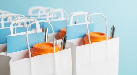 Reusable orange coffee cups with notebooks and pens packed in white paper gift bags presented on pastel blue background for eco friendly corporate event giveaway