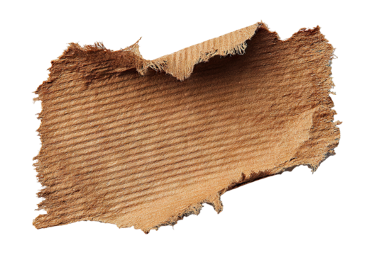 Torn piece of corrugated cardboard with rough edges, isolated on transparent cutout background