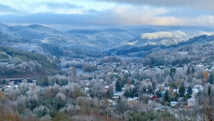 Obraz premium Panoramic winter view of a valley town. Frozen trees and houses