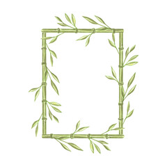 Green bamboo stems with leaves watercolor rectangle frame. Hand drawn isolated illustration border from greenery foliage. Postcard template with floral branch. Rainforest plant for zen wellness, relax