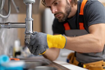 Close up of a skilled plumber working on kitchen sink during home repair in a modern apartment setting with attention to details and careful technique
