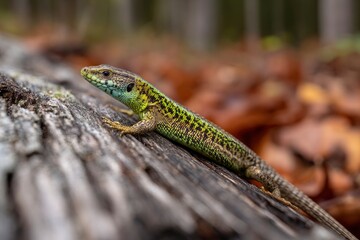 Obraz premium A green lizard resting on a weathered log