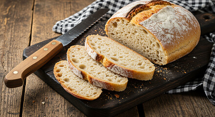 Freshly baked rustic bread sliced on a wooden cutting board
