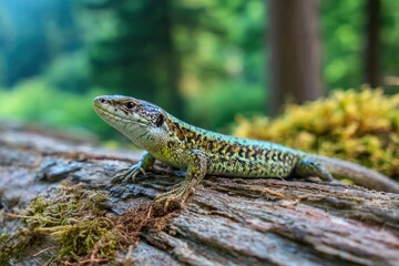 Fototapeta premium Lizard on a mossy log in a forest setting showcasing its textured skin and detailed features against a soft blurred backdrop