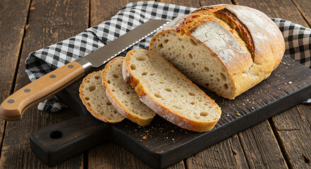 Freshly baked rustic sourdough bread slices on dark wooden board