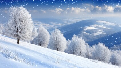 Fototapeta premium Winter wonderland landscape. Snow-dusted trees on a hillside, with mountains in the background. Soft light, scattered snowflakes
