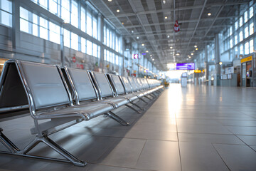 Naklejka premium Empty modern waiting room of a station or airport. self-isolation and travel ban. people do not travel because of the coronavirus and quarantine pandemic.