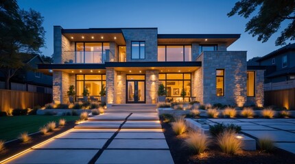 Obraz premium An illuminated modern home with stone facade and elegant landscaping at dusk.