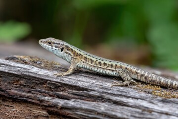Naklejka premium Lizard on wood featuring a detailed scale pattern and a blurred green background