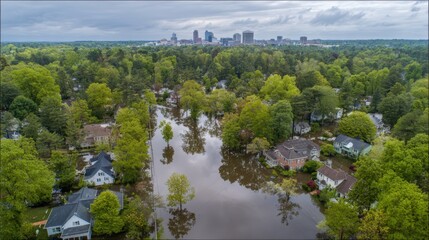 Aerial View of Flooded Neighborhood Homes with City Skyline After Storms and Heavy Rain