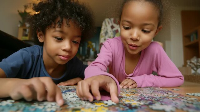 Two young children are laying on the floor looking at a puzzle. They are both focused on the puzzle and seem to be enjoying themselves