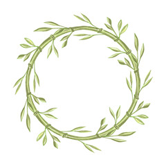 Green bamboo stems with leaves watercolor round frame. Hand drawn isolated illustration border from greenery foliage. Postcard template with floral branch. Rainforest plant for zen wellness, relax.