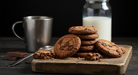 Freshly baked chocolate chip cookies with a glass of milk on a rustic wooden board