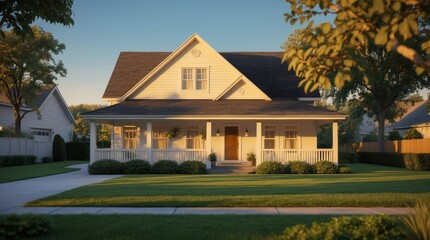 Naklejka premium Charming white suburban house shines warmly in the sunlight from the porch.