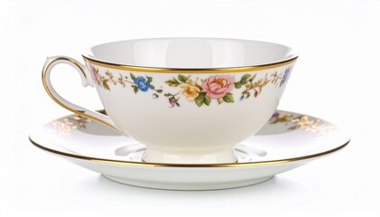 Elegant vintage porcelain teacup and saucer with a delicate floral pattern and gold trim, isolated on a white background.
