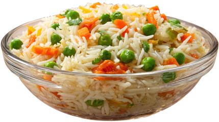 A clear bowl filled with rice carrots and peas on transparent background