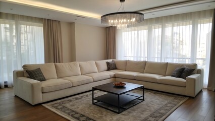 Fototapeta premium Luxurious Living Room with Sectional Sofa, Chandelier, and Sheer Curtains for Elegant Style