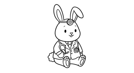 Fototapeta premium Adorable Bunny Doctor: Line Art Illustration with Stethoscope and Head Mirror.