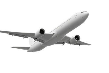 Obraz premium White airplane soaring through a clear sky captured mid-flight against a serene backdrop, showcasing its modern design and impressive engineering in the vast blue expanse