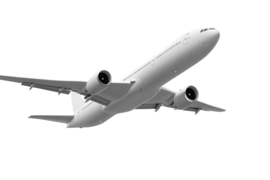 White airplane soaring through a clear sky captured mid-flight against a serene backdrop, showcasing its modern design and impressive engineering in the vast blue expanse