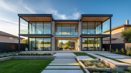 Fototapeta premium Modern home exterior showcases unique architectural design and landscaping.