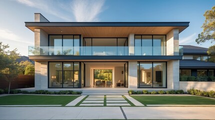 Fototapeta premium Modern architectural design showcases the exterior of a luxury two story home.