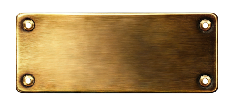 Blank golden metal nameplate with bolts, isolated on transparent cutout background