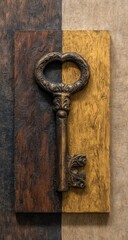 Ornate antique key on divided wooden surface