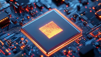 Cpu processing data on motherboard with orange lights - Powered by Adobe