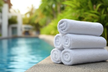 Soft white towels neatly stacked on a ledge beside a tranquil pool surrounded by greenery on a sunny day