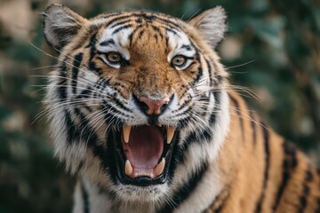 Naklejka premium Majestic tiger showcasing its strength with mouth wide open while roaring in a natural habitat during daylight hours