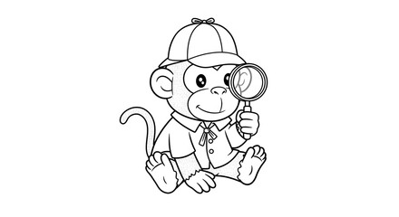 Fototapeta premium Curious Monkey Detective with Magnifying Glass Cartoon Style Illustration.