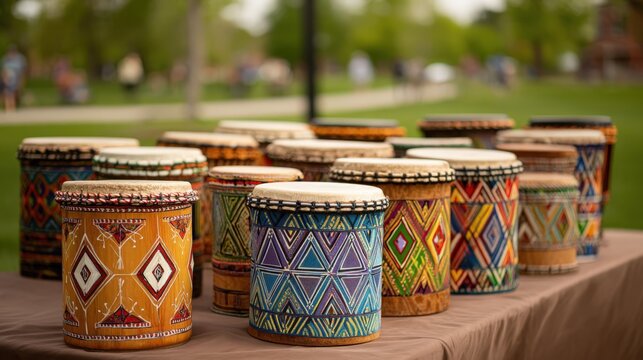 Collection of Colorful African Drums Displayed Outdoors on a Table, Ready for Music Performance and Cultural Celebration