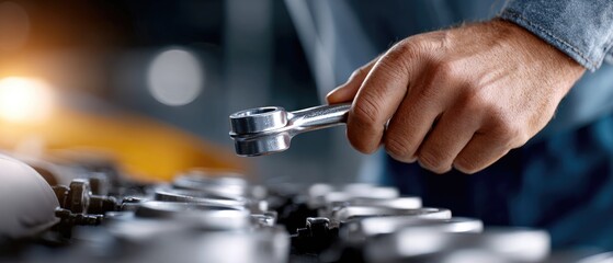 A close-up of a hand using a wrench on mechanical tools, showcasing precision and craftsmanship in a workshop setting.