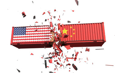 Shipping containers with USA and China flags colliding and breaking apart, PNG file. 3D illustration