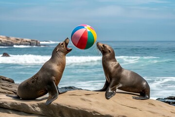 Naklejka premium Playful Sea Lions Balancing Colorful Beach Ball on Coastal Rock by Ocean Waves.